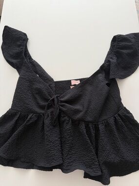 Urban Outfitters Black Flutter-Sleeve Tie Peplum Crop Top